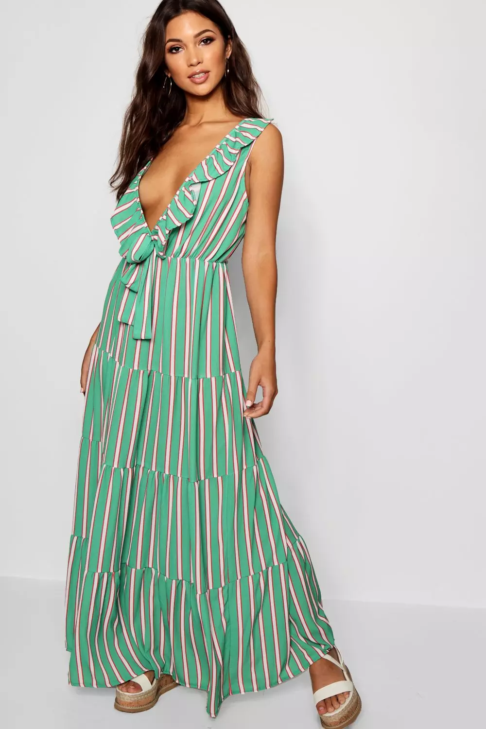 Striped ruffle sale maxi dress